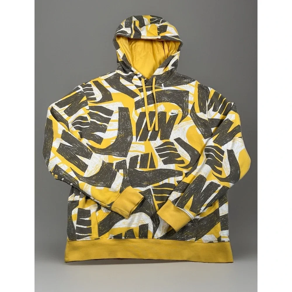 Nike Futura Club All Over Print Hoodie Men's M Yellow Gray Pullover Sweatshirt